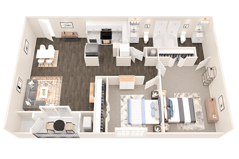 Floor plan for 2 beds, 2 baths, 970 sqft